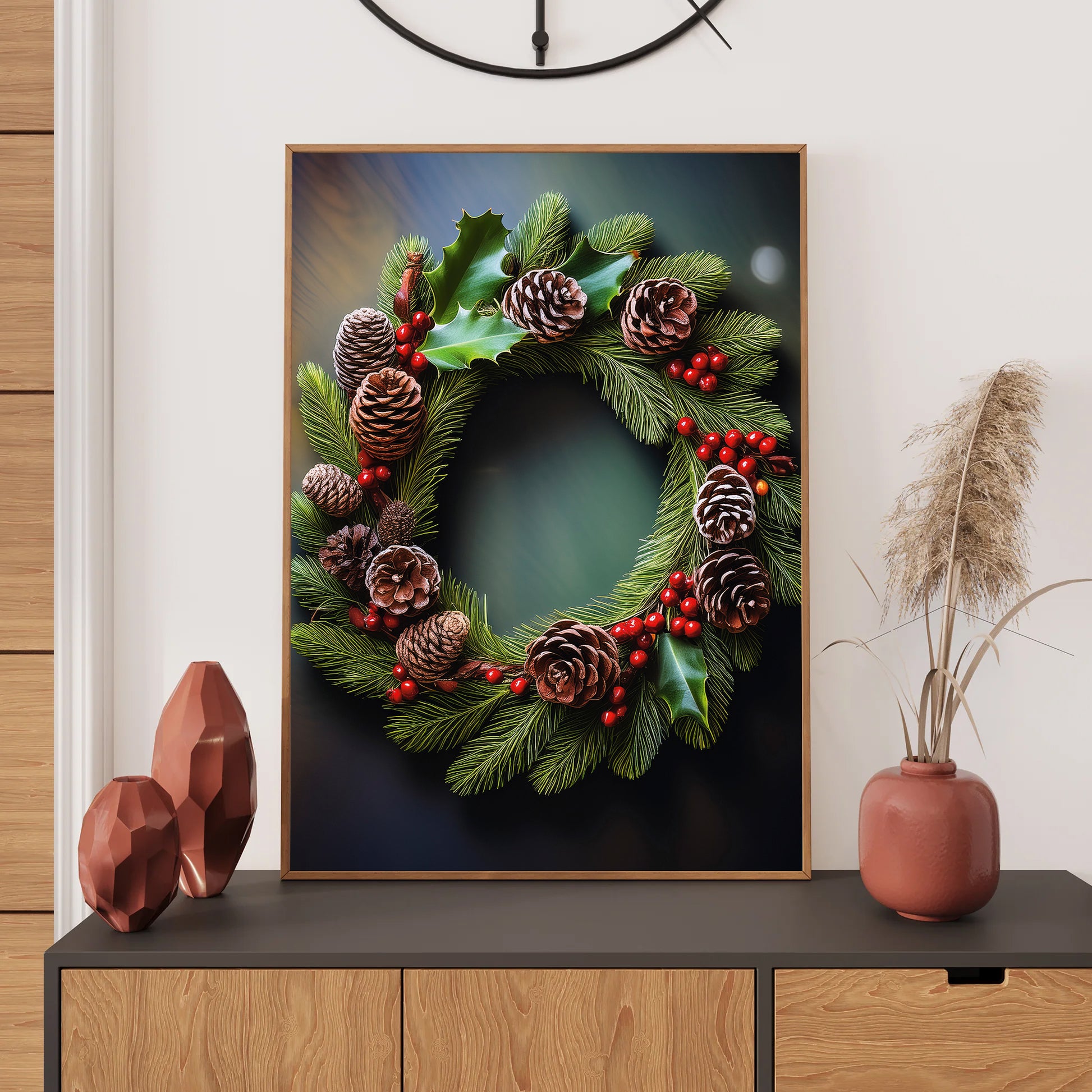 Elegant Christmas Wreath Card – detailed pinecone and greenery wreath in festive holiday style