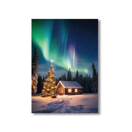 Northern Lights Christmas Card – snowy winter landscape with aurora borealis in festive holiday scene