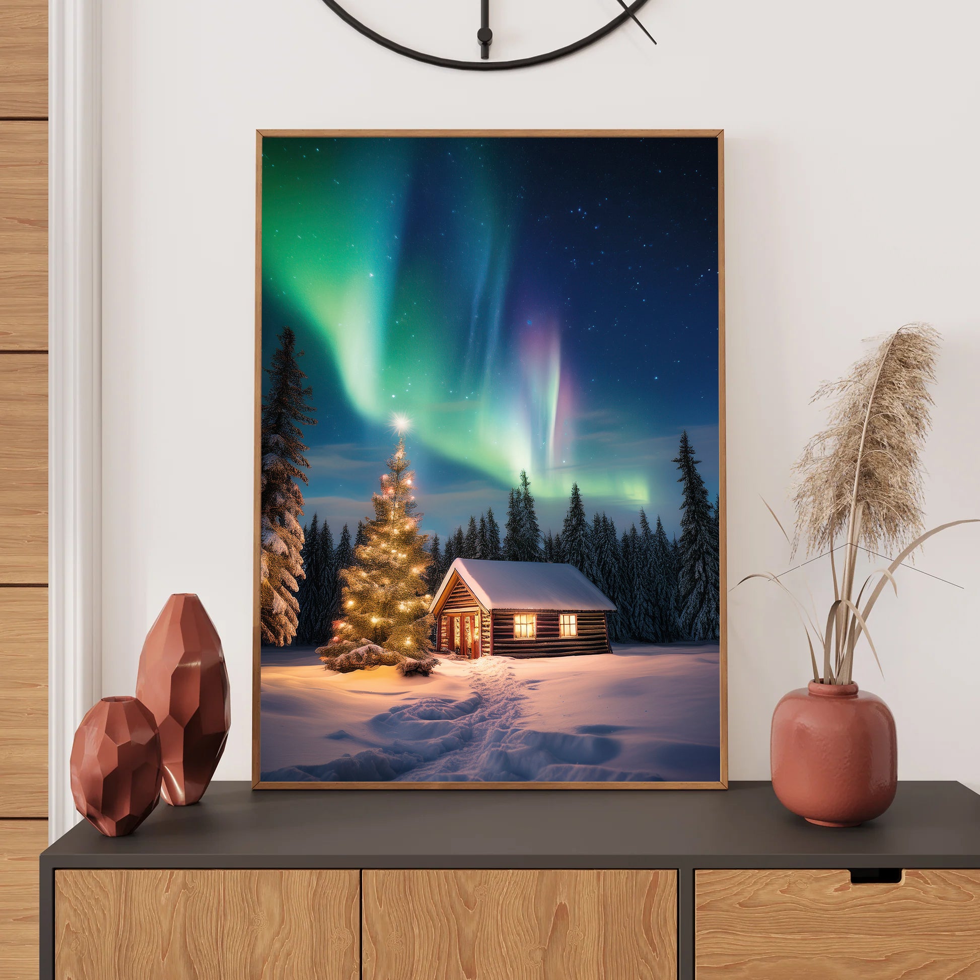 Northern Lights Christmas Card – snowy winter landscape with aurora borealis in festive holiday scene