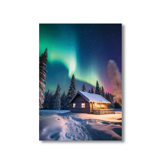 Northern Lights Christmas Card – snowy winter landscape with aurora borealis in festive holiday scene