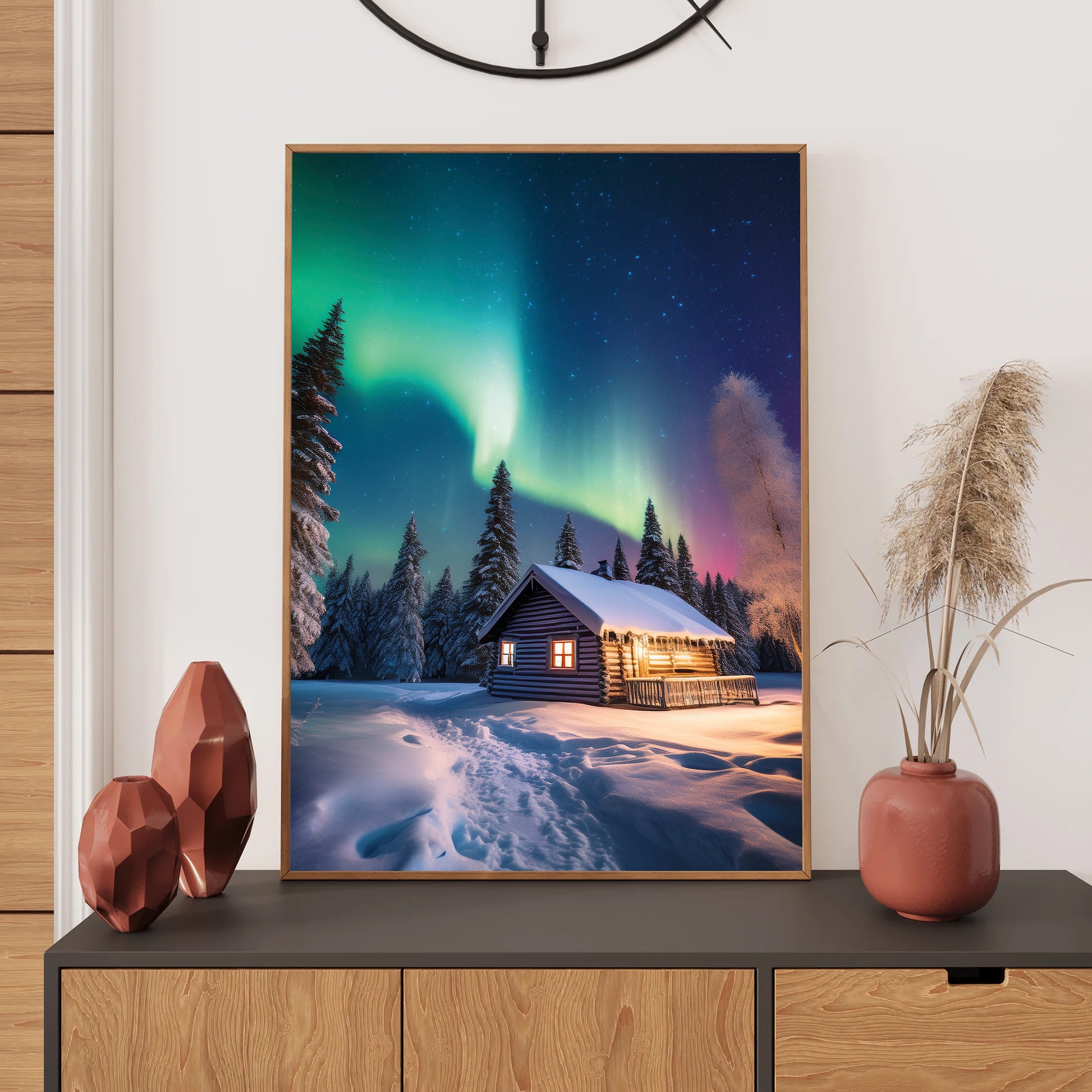 Northern Lights Christmas Card – snowy winter landscape with aurora borealis in festive holiday scene