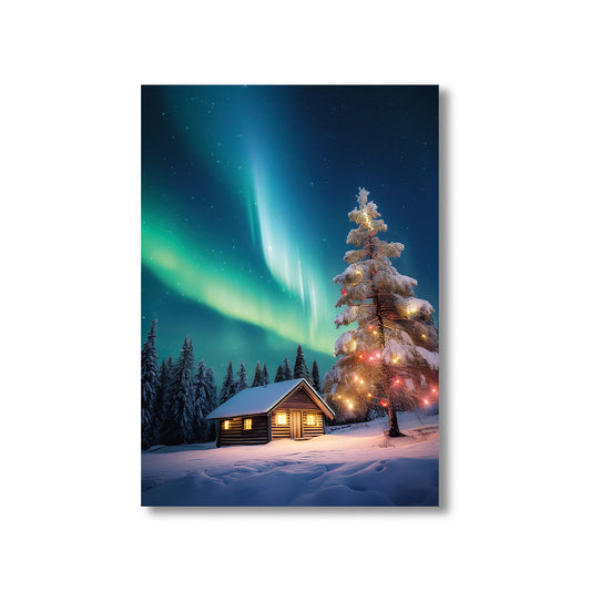Northern Lights Christmas Card – snowy winter landscape with aurora borealis in festive holiday scene