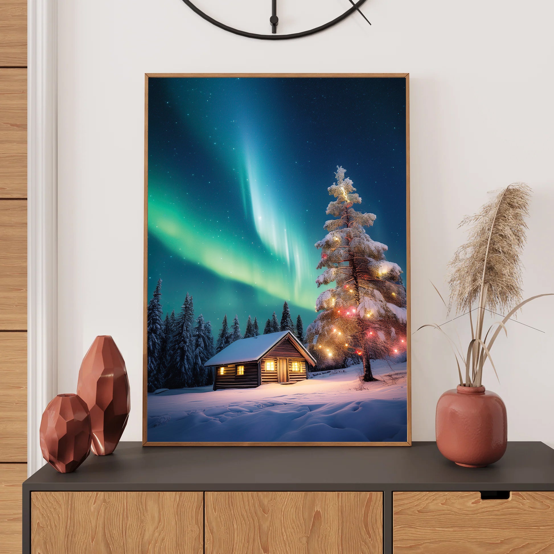 Northern Lights Christmas Card – snowy winter landscape with aurora borealis in festive holiday scene
