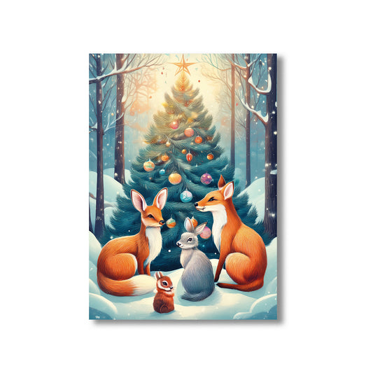 Woodland Animals Christmas Card – fox, deer, rabbits, and owls gathered around glowing Christmas tree in snowy forest