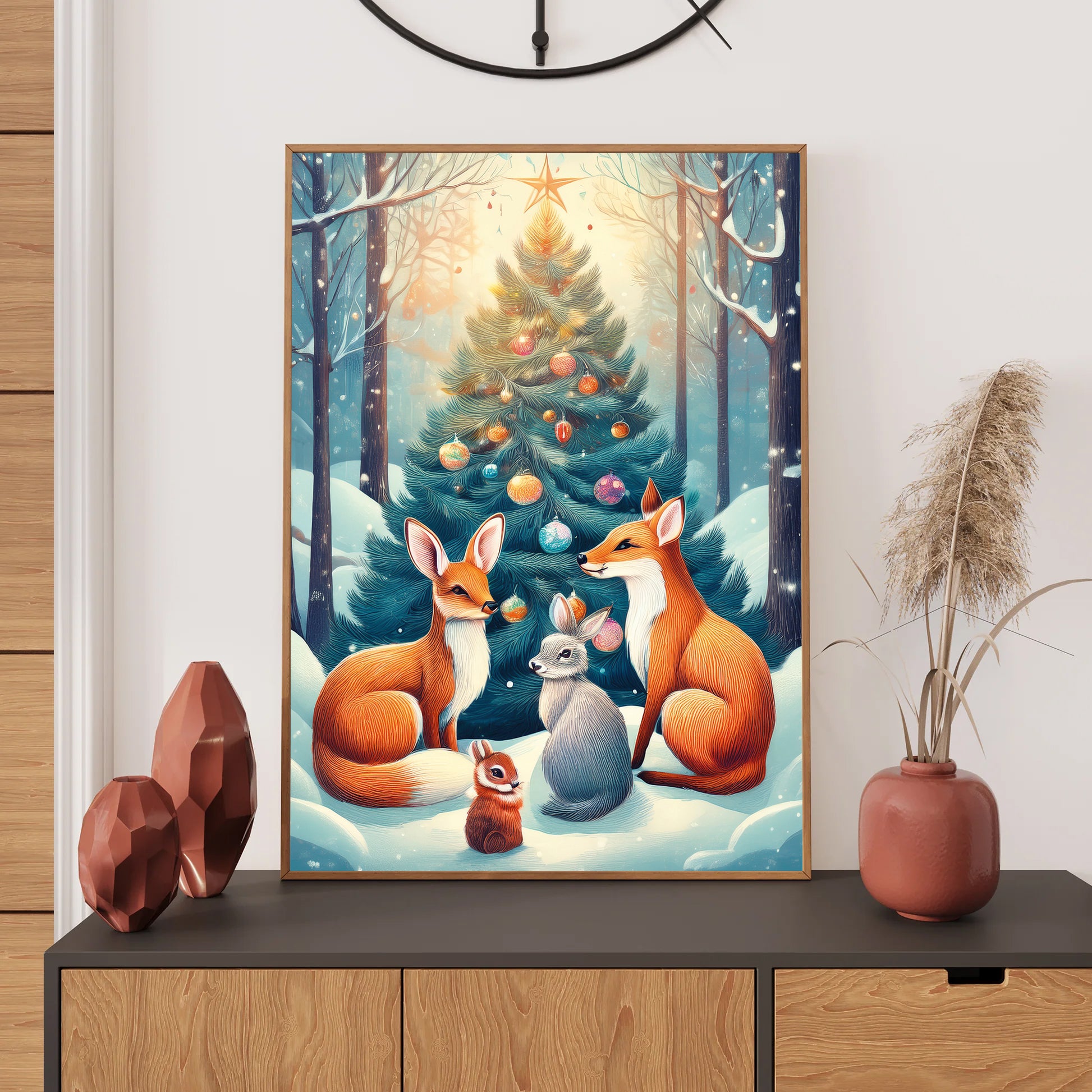 Woodland Animals Christmas Card – fox, deer, rabbits, and owls gathered around glowing Christmas tree in snowy forest