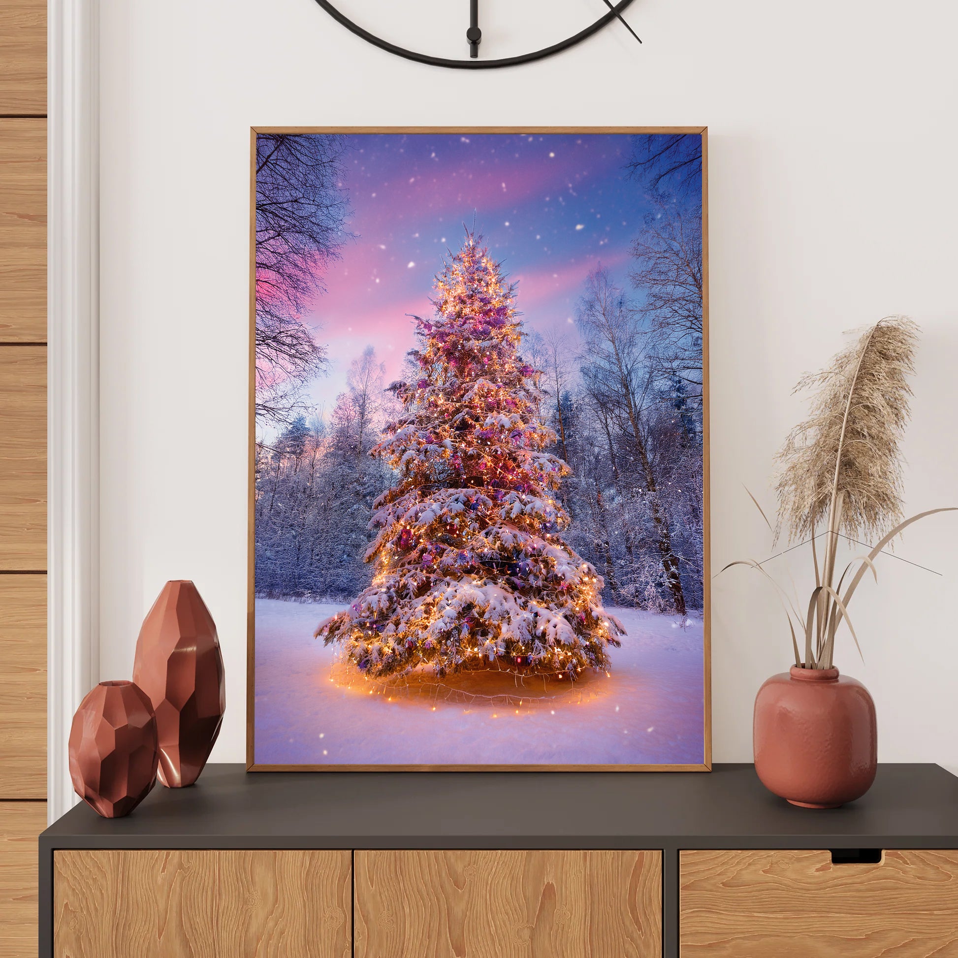 Snowy Forest Christmas Tree Card – glowing decorated tree with ornaments in a snowy winter forest
