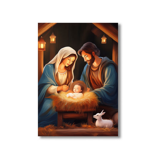 Classic Nativity Scene Christmas Card – Mary, Joseph, and baby Jesus in a softly lit stable with animals