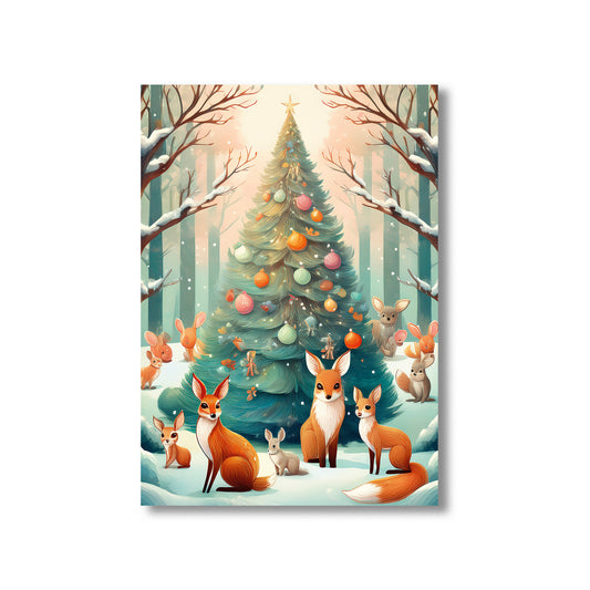 Woodland Animals Christmas Card – fox, deer, rabbits, and owls gathered around glowing Christmas tree in snowy forest