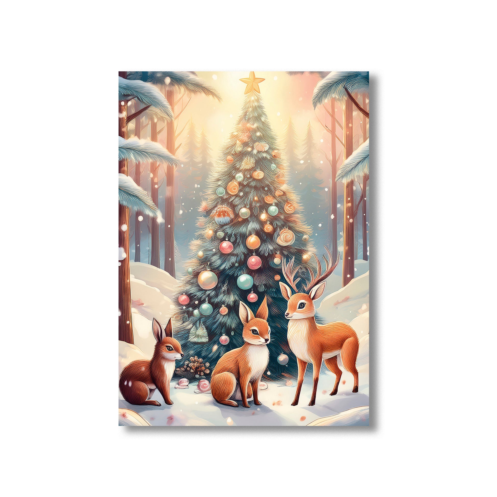 Woodland Animals Christmas Card – fox, deer, rabbits, and owls gathered around glowing Christmas tree in snowy forest