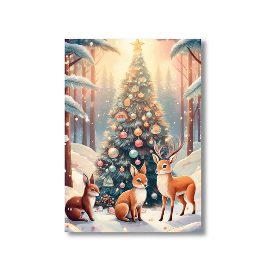 Woodland Animals Christmas Card – fox, deer, rabbits, and owls gathered around glowing Christmas tree in snowy forest
