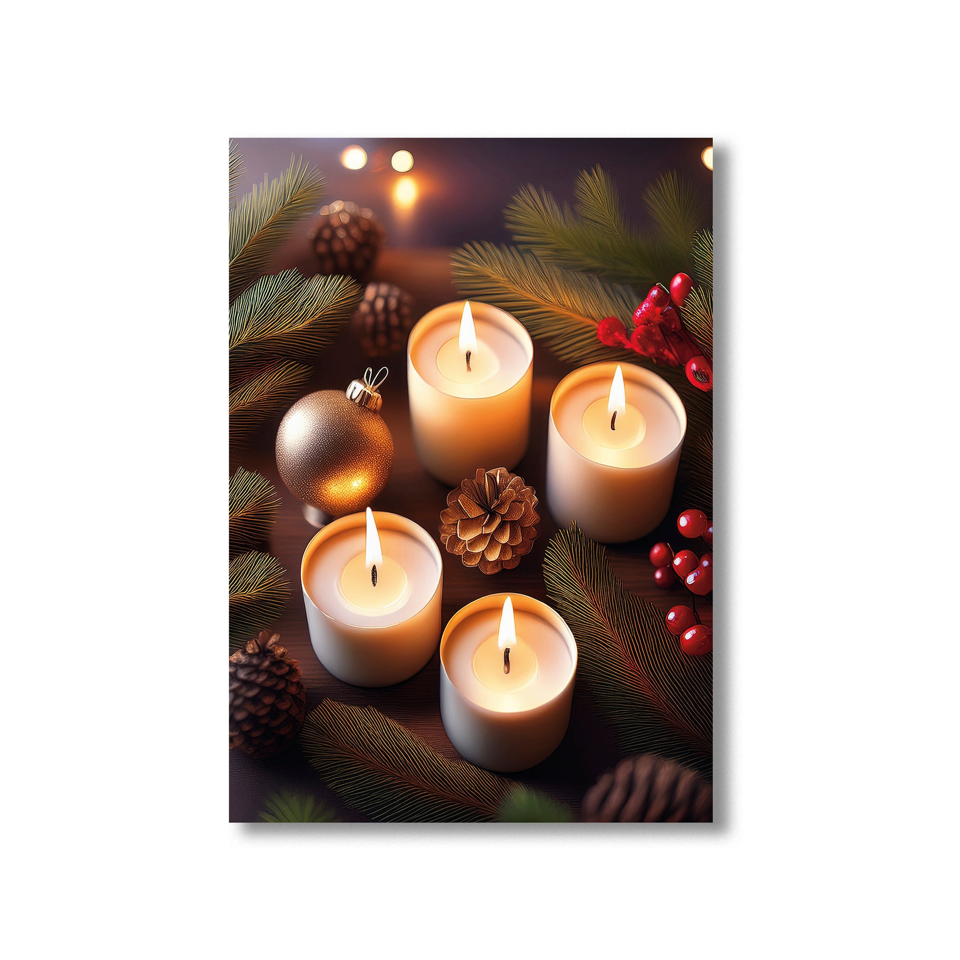 Festive Candle Arrangement Christmas Card – glowing candles surrounded by pine branches, holly, and ornaments