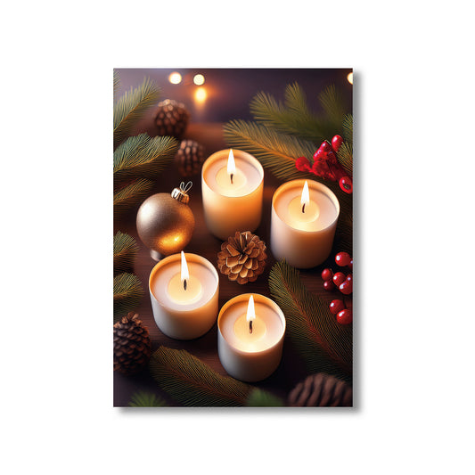 Festive Candle Arrangement Christmas Card – glowing candles surrounded by pine branches, holly, and ornaments