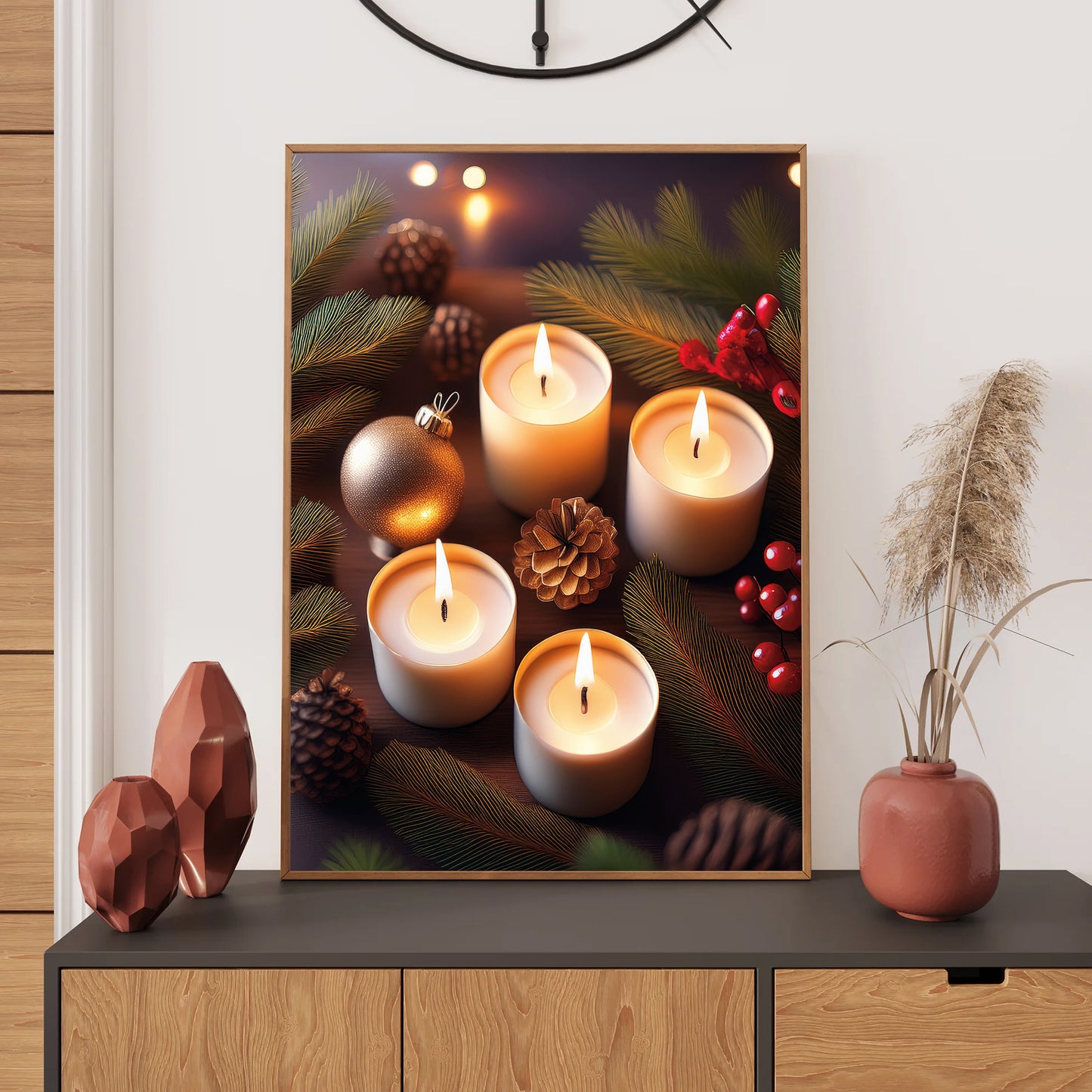 Festive Candle Arrangement Christmas Card – glowing candles surrounded by pine branches, holly, and ornaments