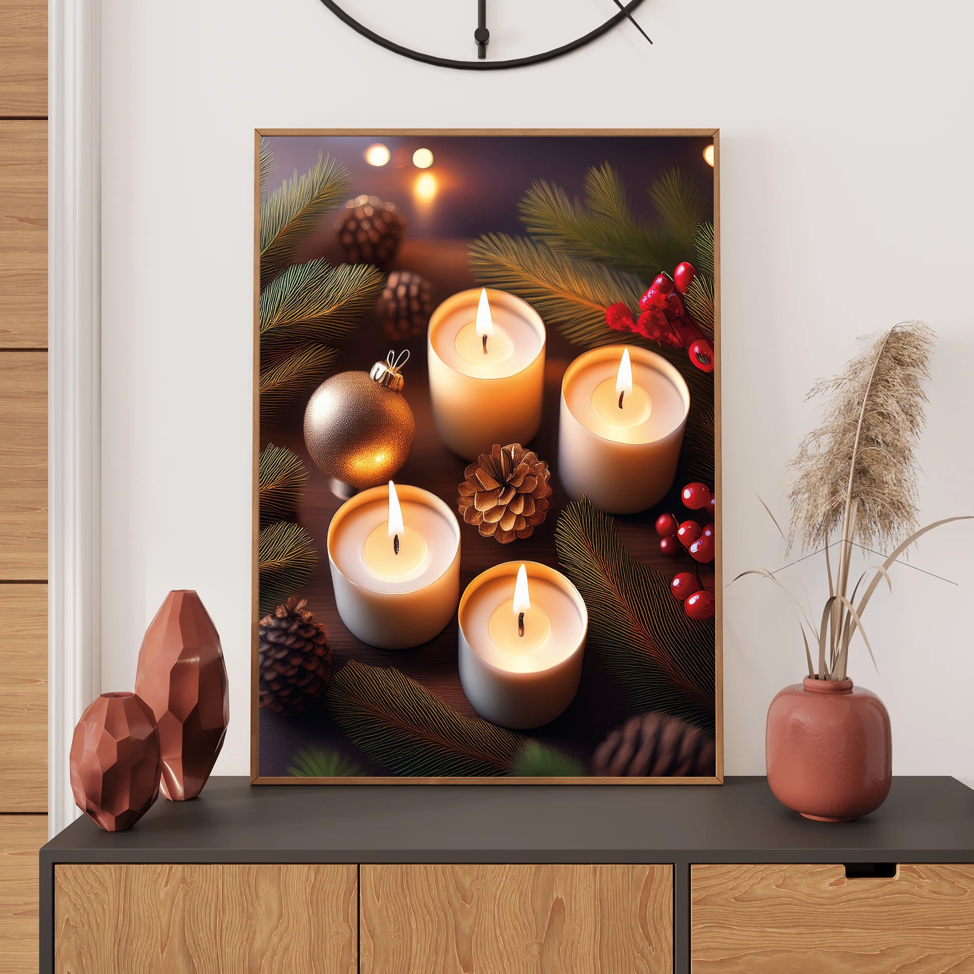 Festive Candle Arrangement Christmas Card – glowing candles surrounded by pine branches, holly, and ornaments