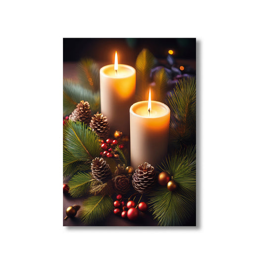 Festive Candle Arrangement Christmas Card – glowing candles surrounded by pine branches, holly, and ornaments