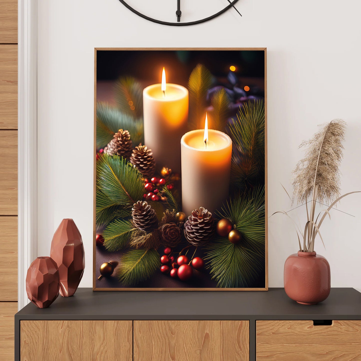Festive Candle Arrangement Christmas Card – glowing candles surrounded by pine branches, holly, and ornaments