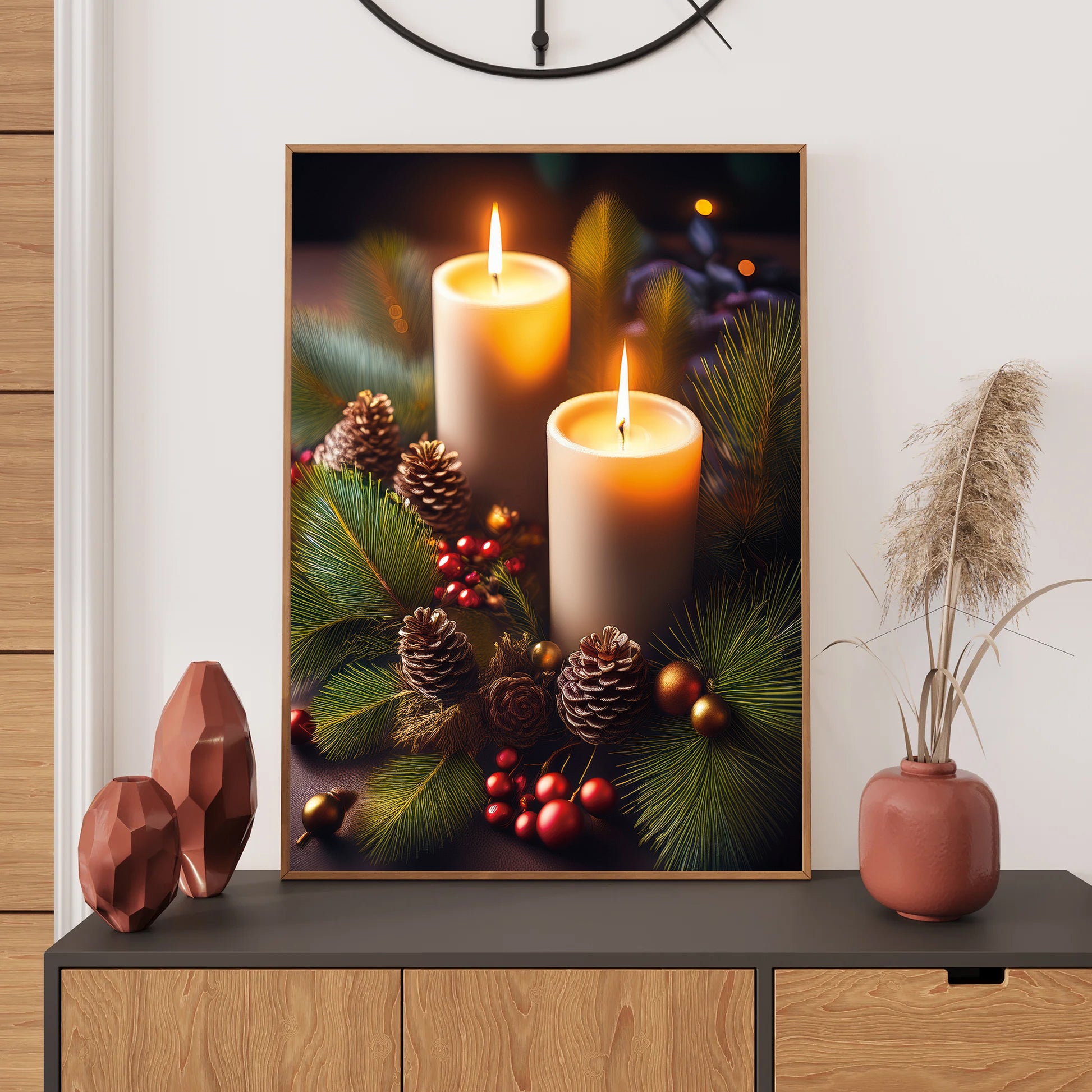 Festive Candle Arrangement Christmas Card – glowing candles surrounded by pine branches, holly, and ornaments