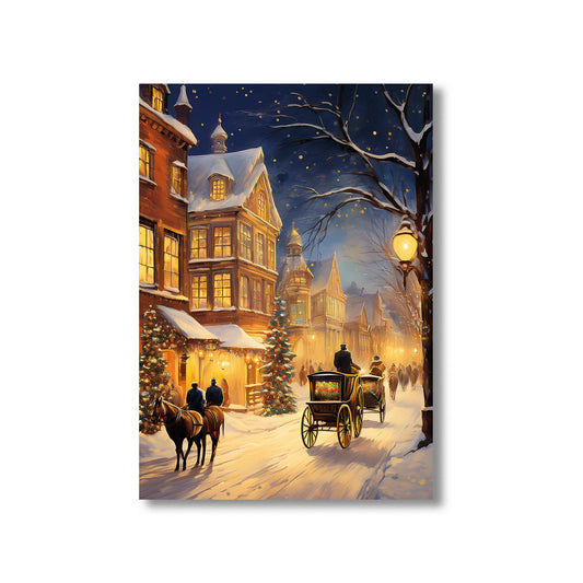 Victorian Christmas Street Scene Holiday Card – snowy street with horse-drawn carriages, carolers, and glowing gas lamps