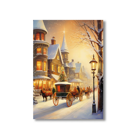 Victorian Christmas Street Scene Holiday Card – snowy street with horse-drawn carriages, carolers, and glowing gas lamps
