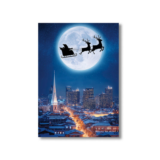 Santa Flying Over City Christmas Card – Santa’s sleigh flying across snowy city skyline under full moon