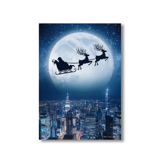 Santa Flying Over City Christmas Card – Santa’s sleigh flying across snowy city skyline under full moon