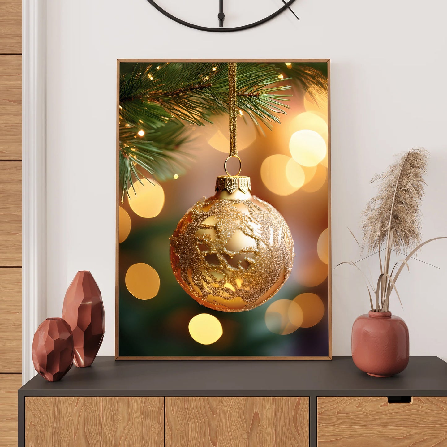 Christmas Baubles Holiday Card – festive ornaments in red, gold, and green on holiday background