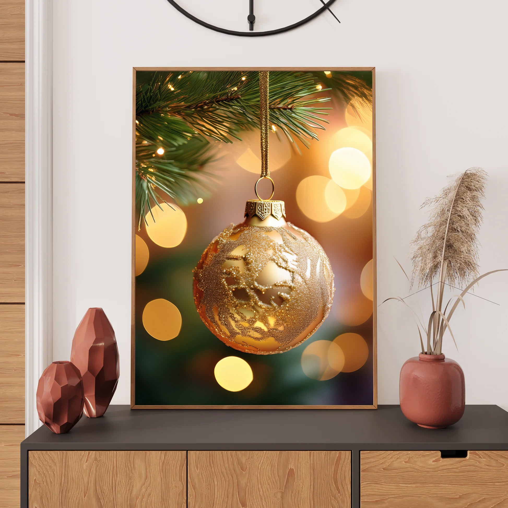 Christmas Baubles Holiday Card – festive ornaments in red, gold, and green on holiday background