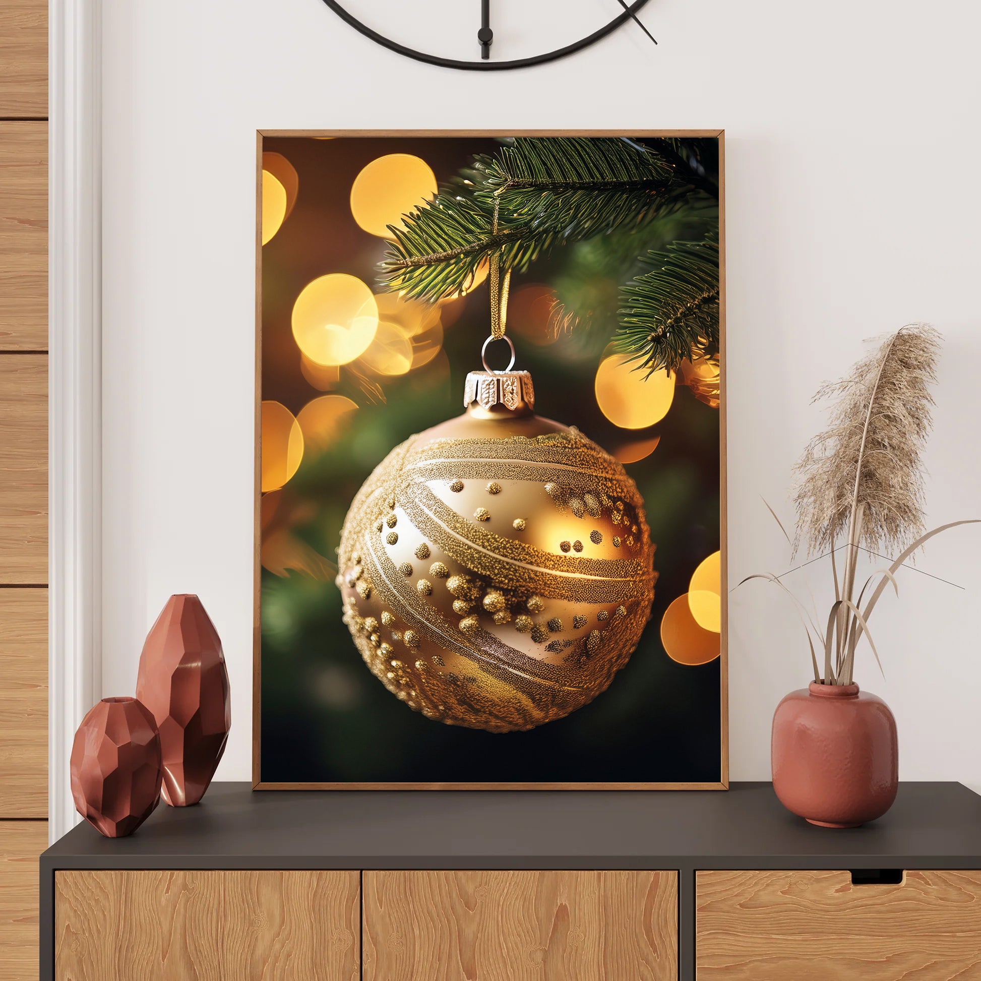 Christmas Baubles Holiday Card – festive ornaments in red, gold, and green on holiday background