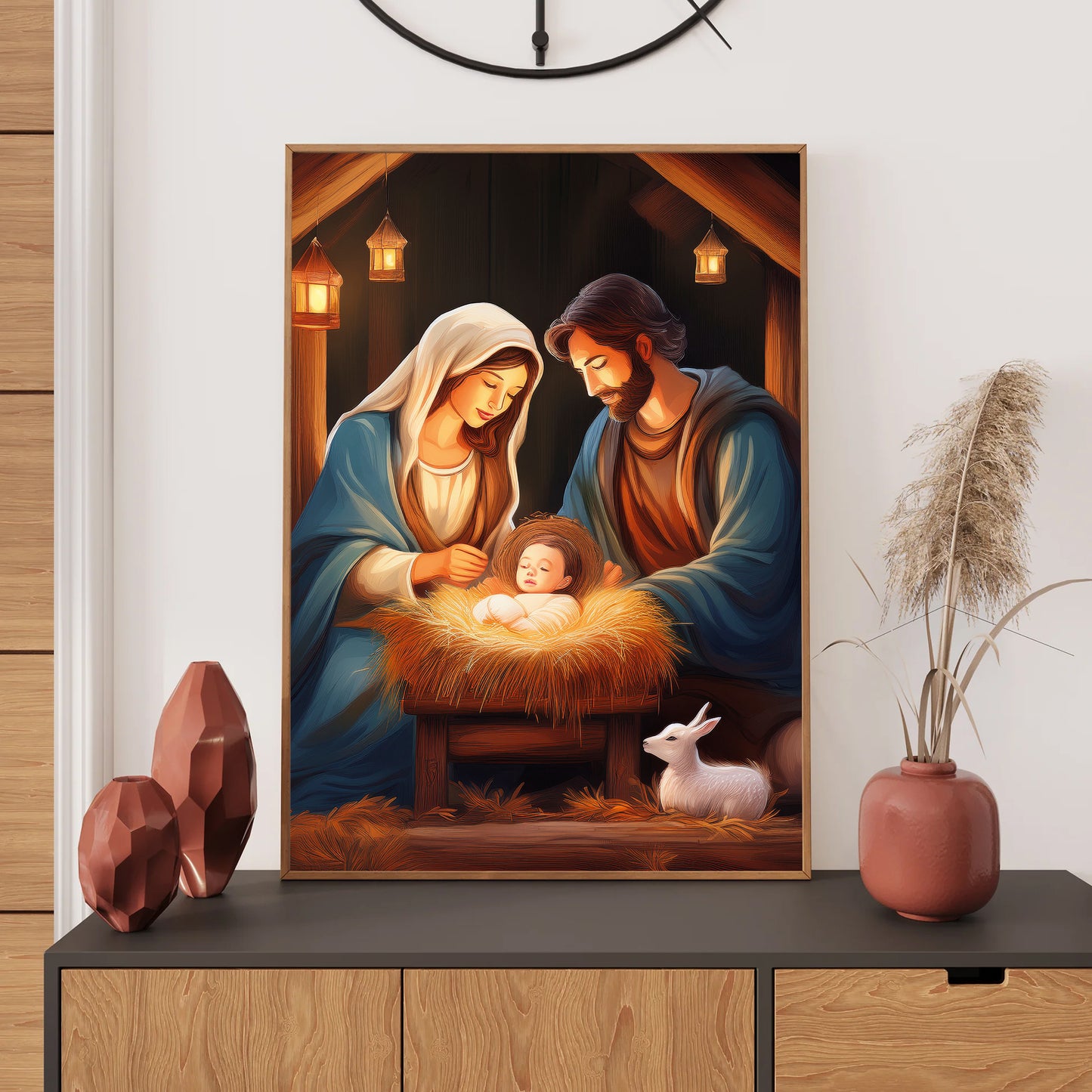 Classic Nativity Scene Christmas Card – Mary, Joseph, and baby Jesus in a softly lit stable with animals