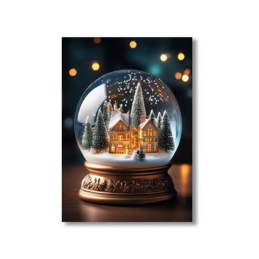Enchanted Snow Globe Christmas Village Card – glowing snowy village inside magical snow globe with festive accents