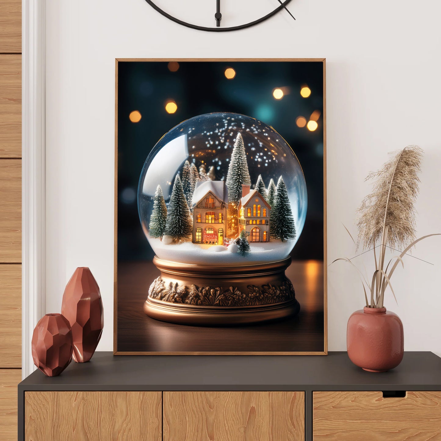 Enchanted Snow Globe Christmas Village Card – glowing snowy village inside magical snow globe with festive accents