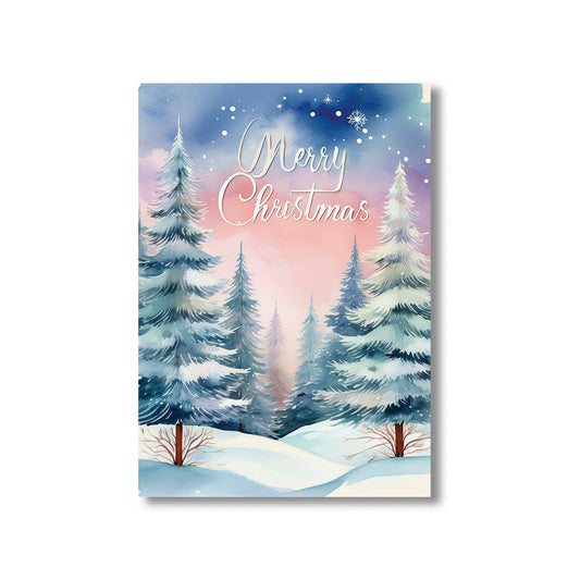 Merry Xmas Snowy Christmas Trees Card – snow-covered pine forest with holiday greeting in winter scene