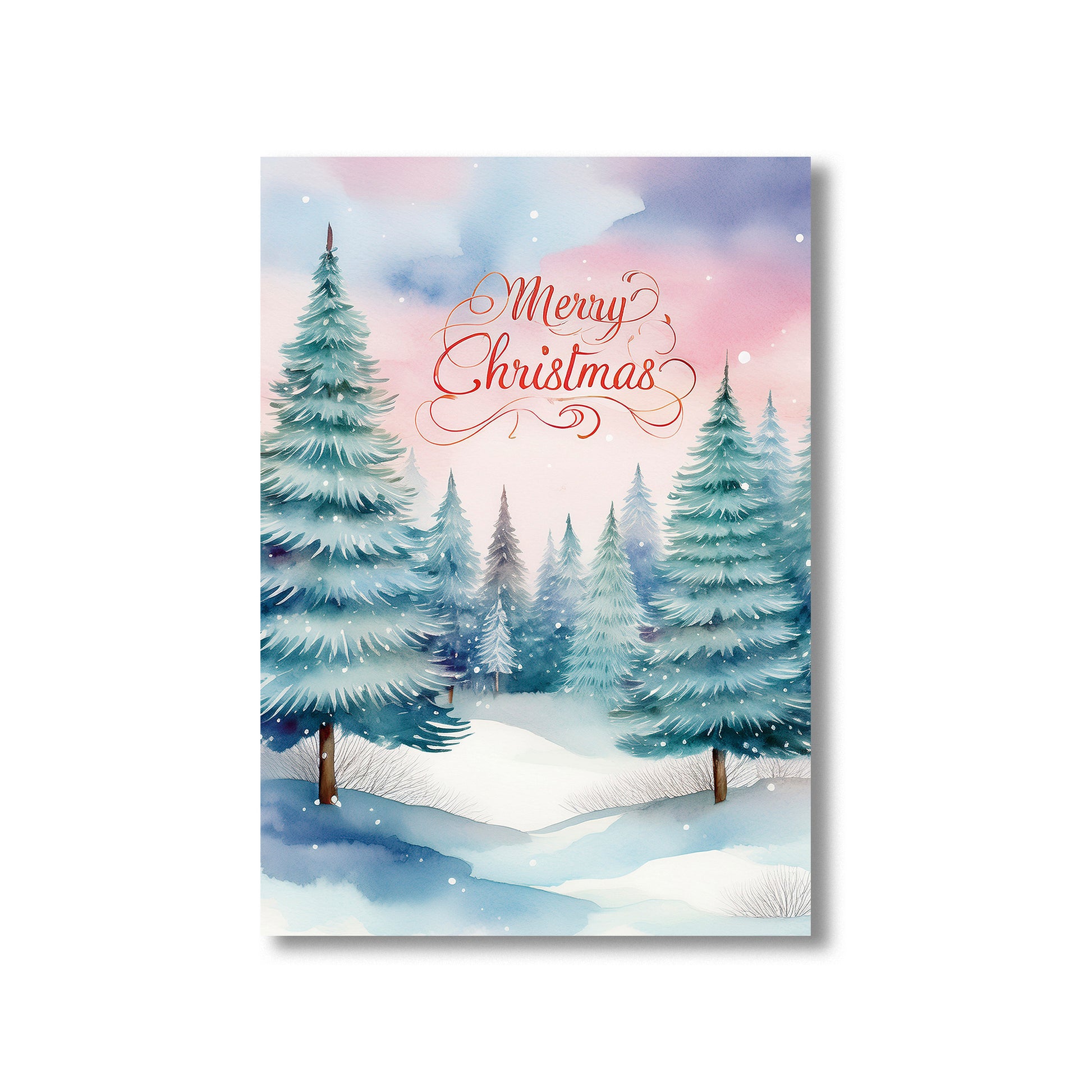 Merry Xmas Snowy Christmas Trees Card – snow-covered pine forest with holiday greeting in winter scene
