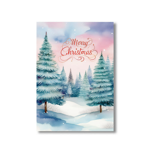 Merry Xmas Snowy Christmas Trees Card – snow-covered pine forest with holiday greeting in winter scene