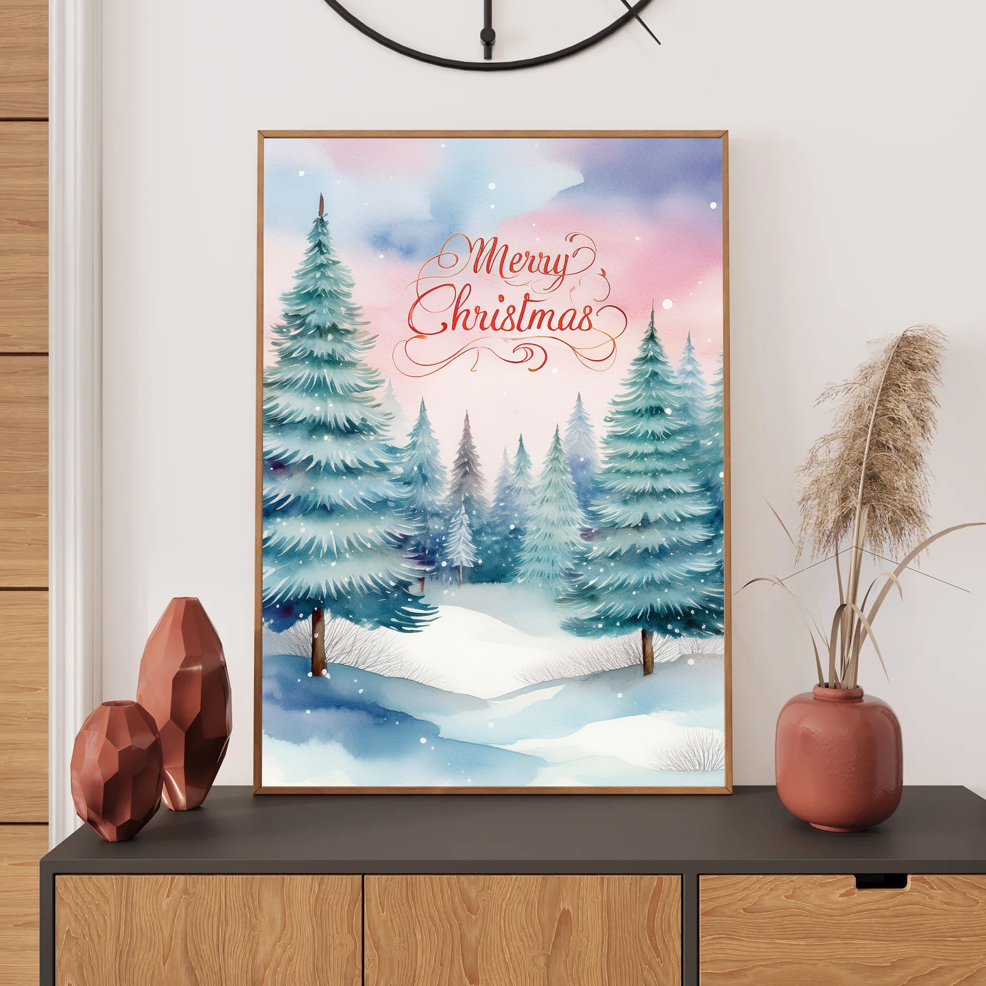 Merry Xmas Snowy Christmas Trees Card – snow-covered pine forest with holiday greeting in winter scene