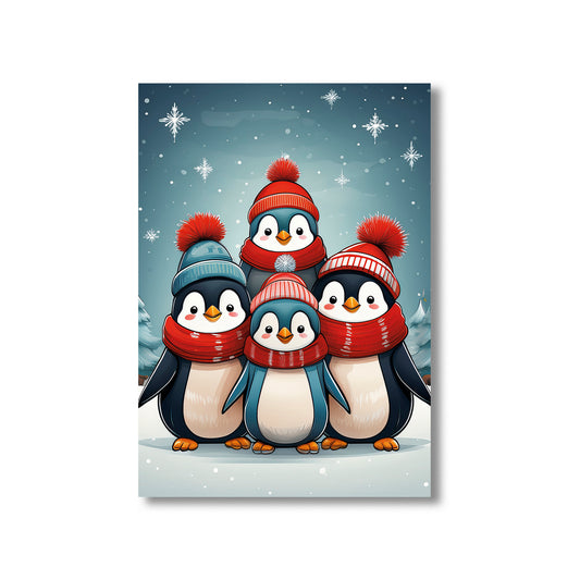 Cute Penguin Choir Christmas Card – penguins in scarves and hats singing carols in snowy holiday scene