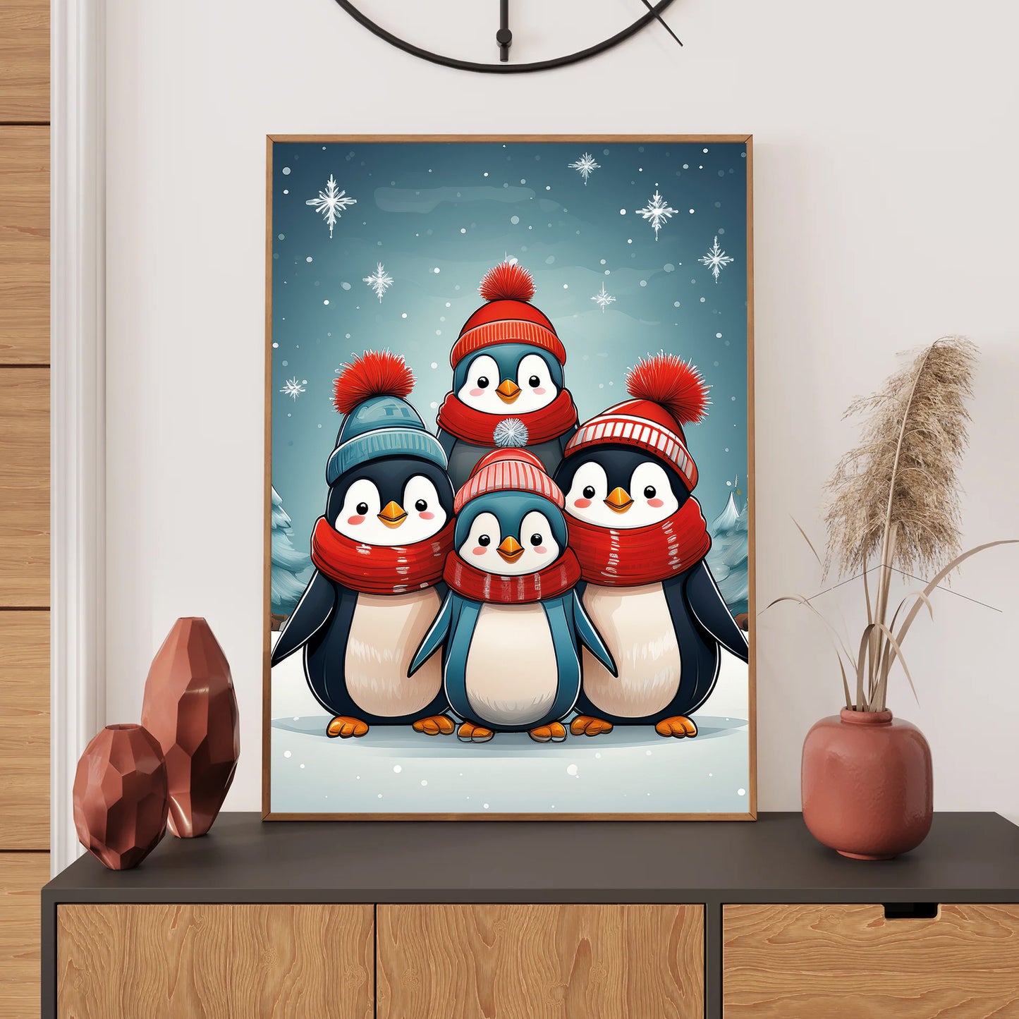 Cute Penguin Choir Christmas Card – penguins in scarves and hats singing carols in snowy holiday scene