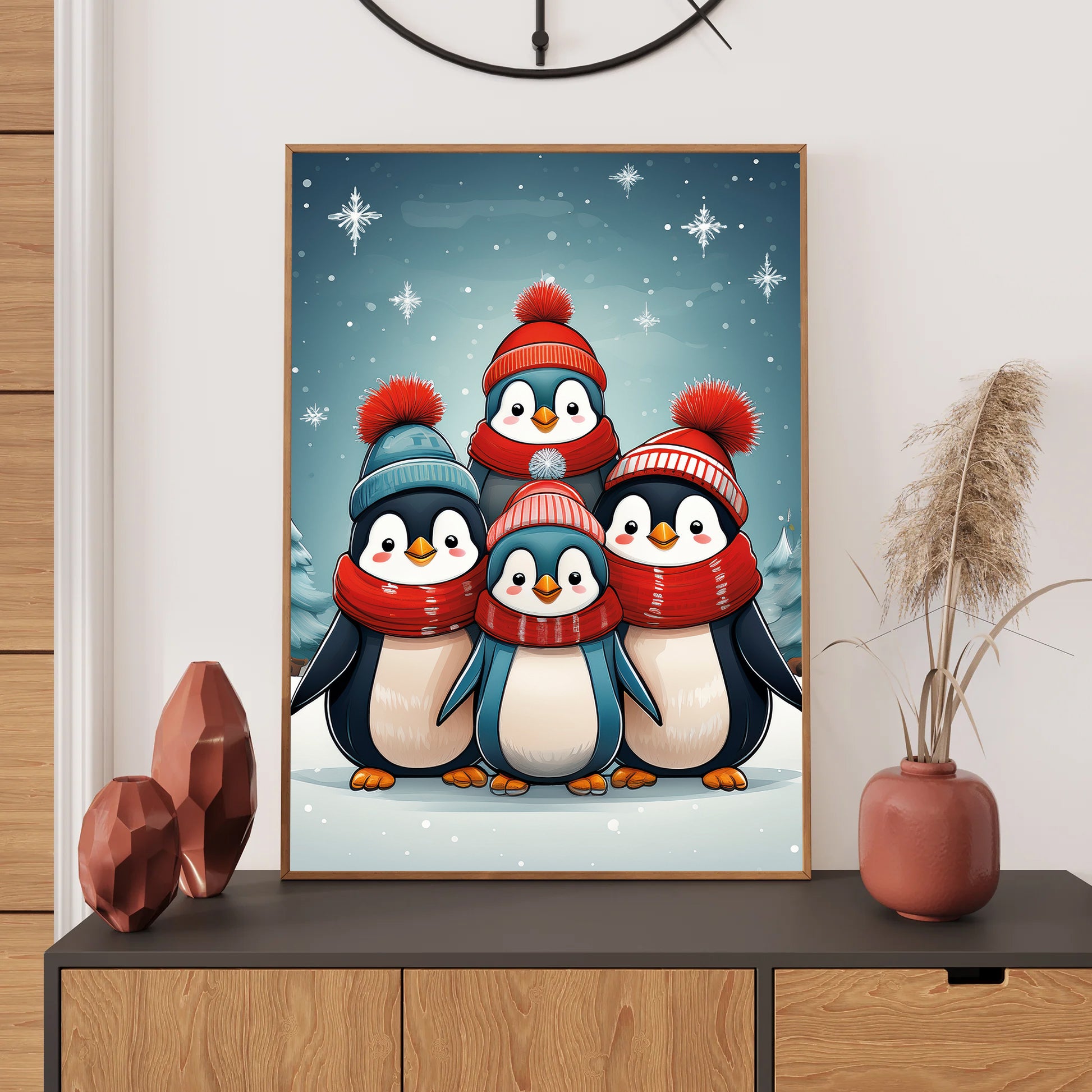 Cute Penguin Choir Christmas Card – penguins in scarves and hats singing carols in snowy holiday scene