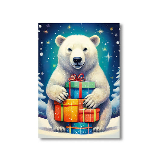 Polar Bear Christmas Card – polar bear with colorful Christmas presents in snowy winter landscape