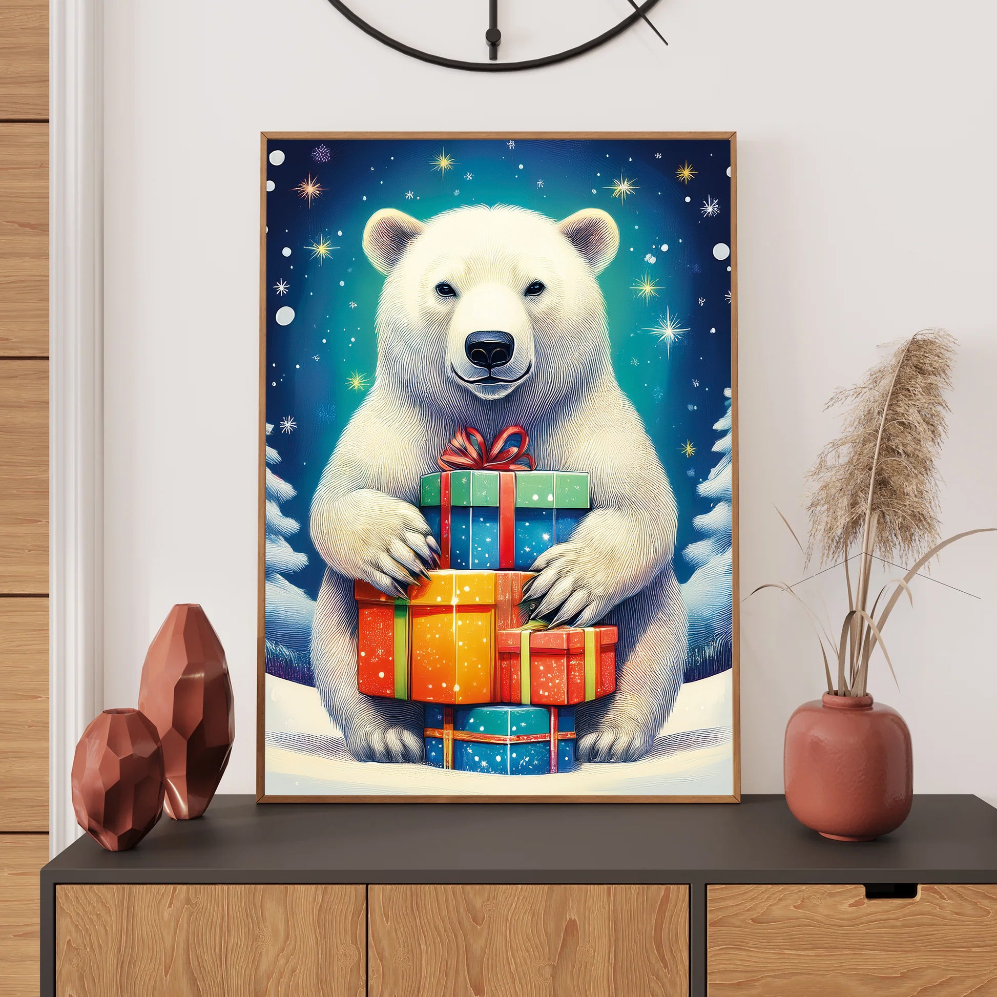 Polar Bear Christmas Card – polar bear with colorful Christmas presents in snowy winter landscape