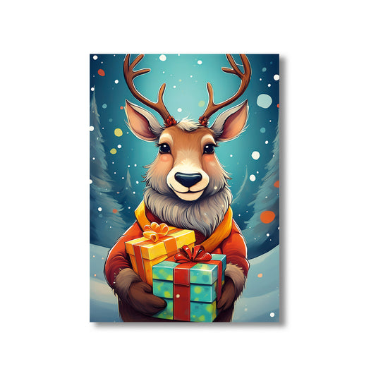 Deer Christmas Card – deer with Christmas presents in snowy winter forest