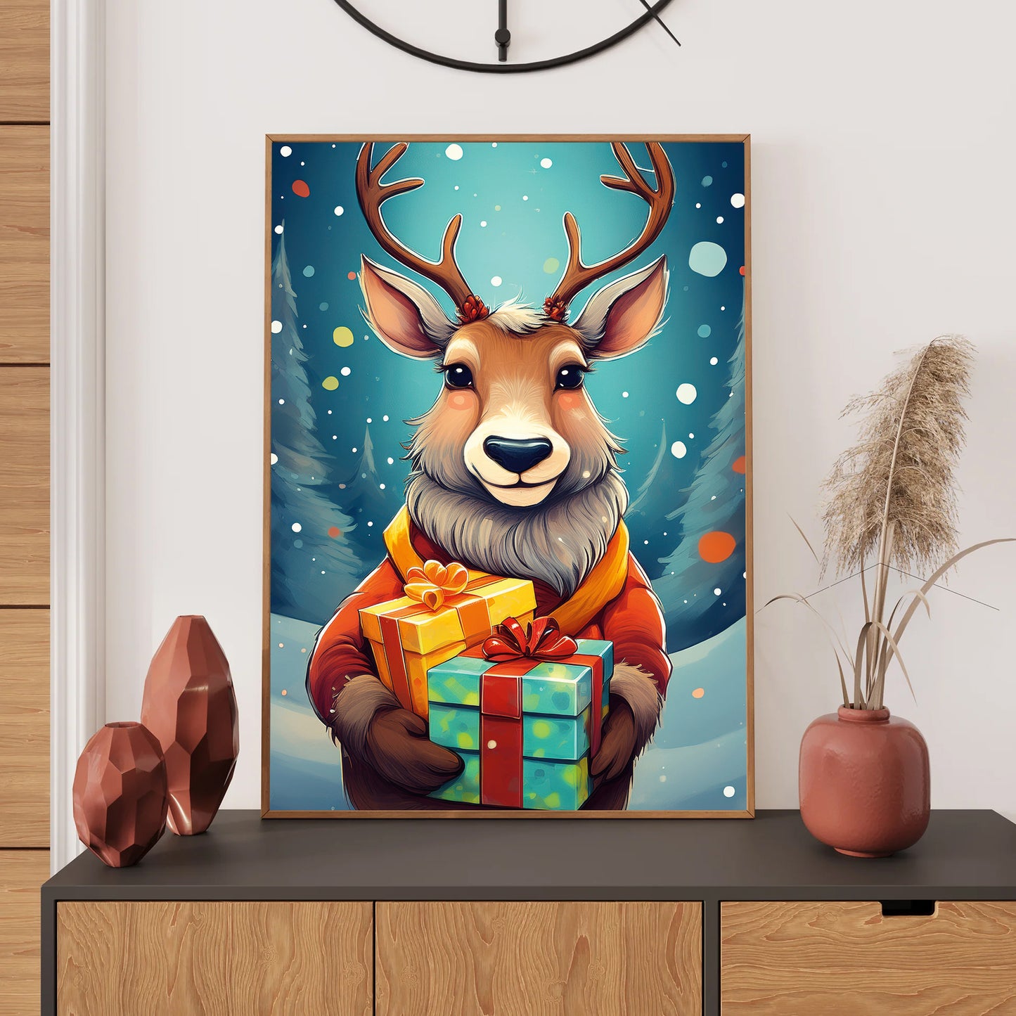 Deer Christmas Card – deer with Christmas presents in snowy winter forest