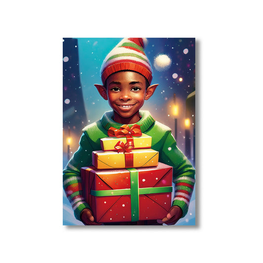 Elf Christmas Card – cheerful elf holding colorful presents in snowy holiday setting