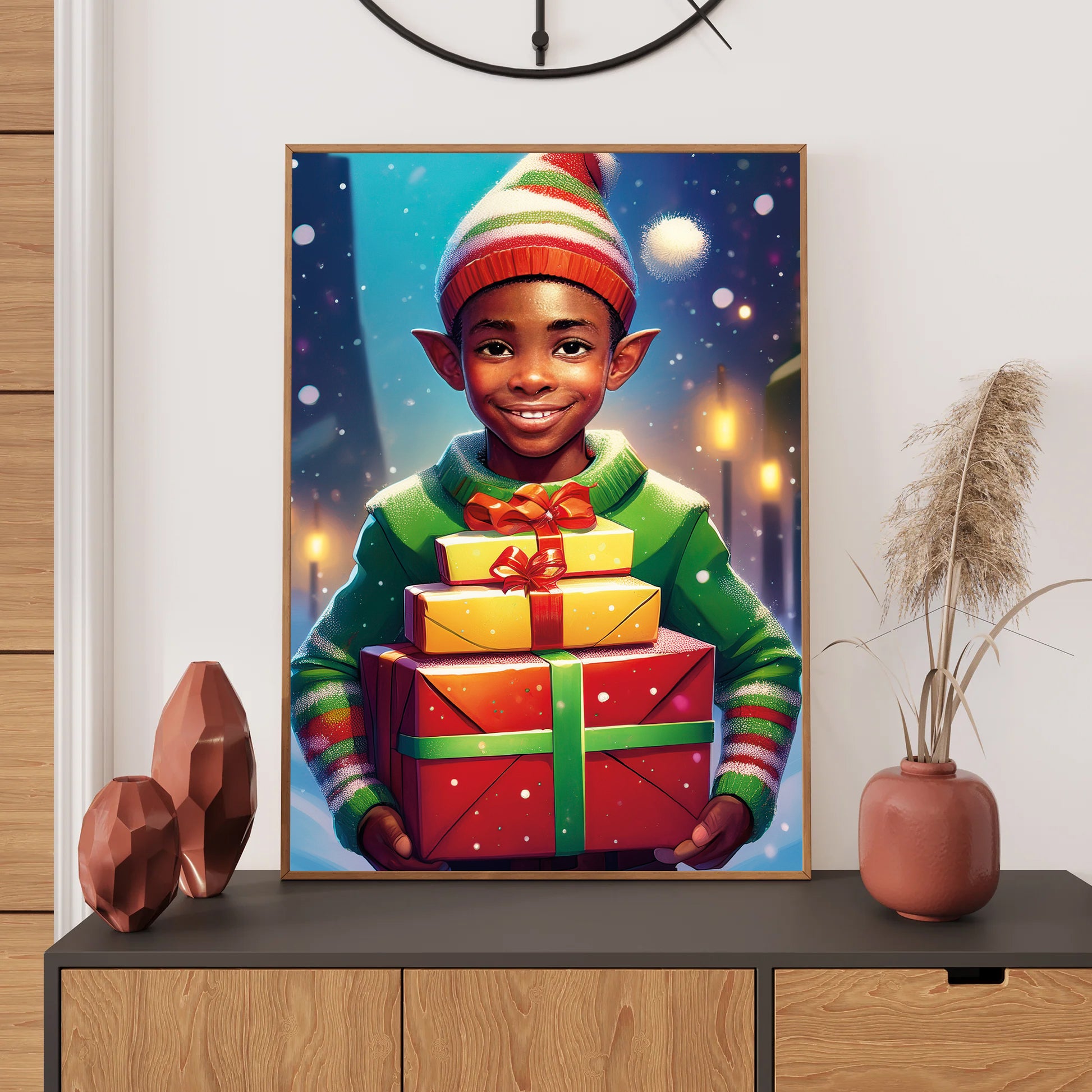 Elf Christmas Card – cheerful elf holding colorful presents in snowy holiday setting