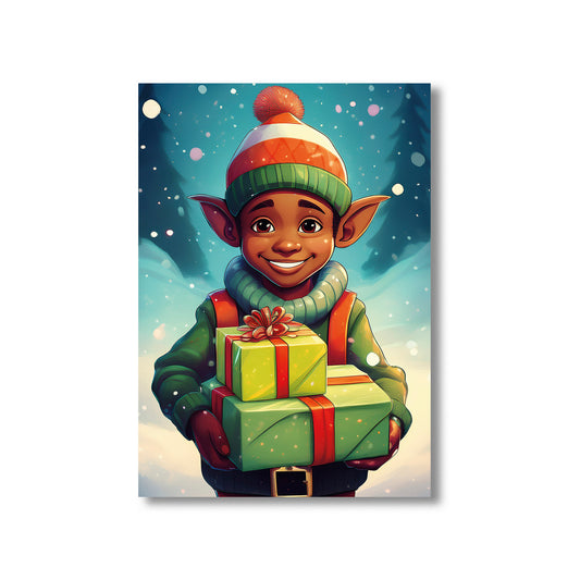 Elf Christmas Card – cheerful elf holding colorful presents in snowy holiday setting