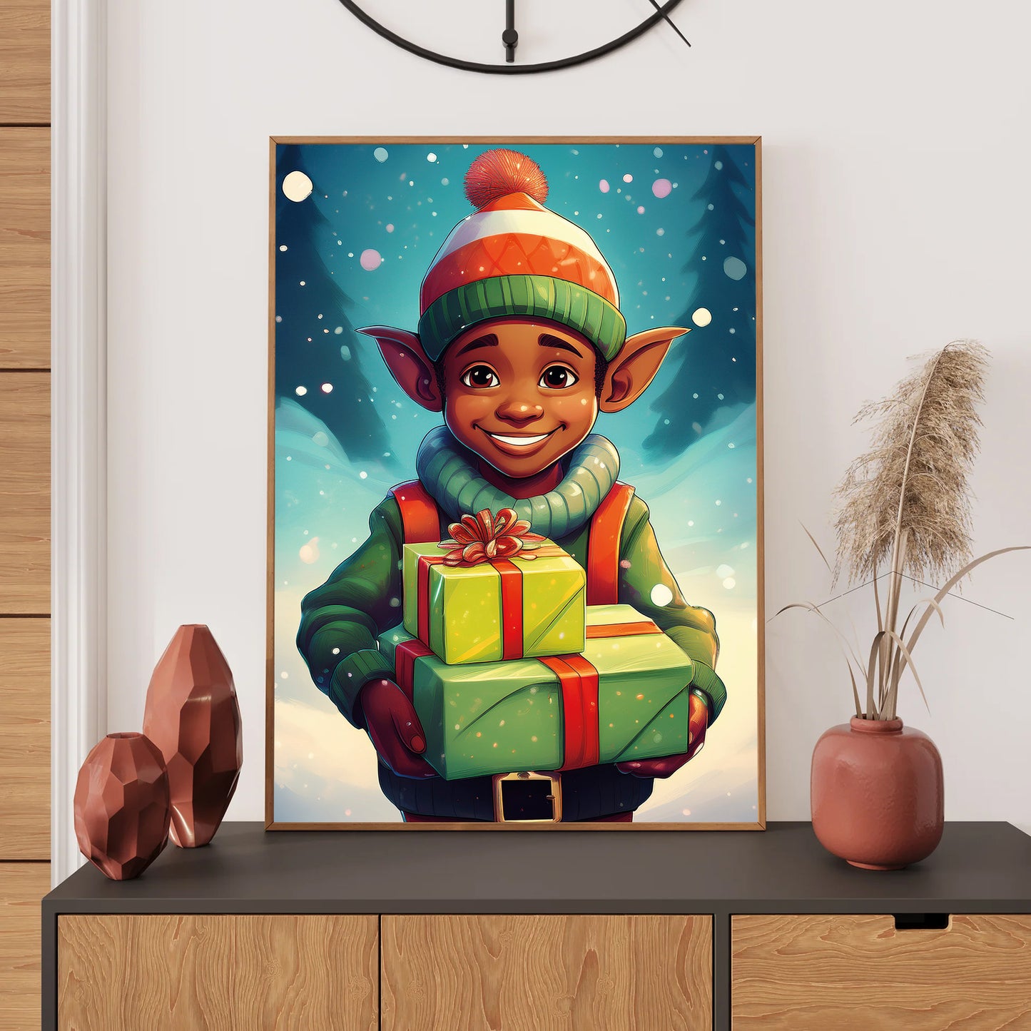 Elf Christmas Card – cheerful elf holding colorful presents in snowy holiday setting