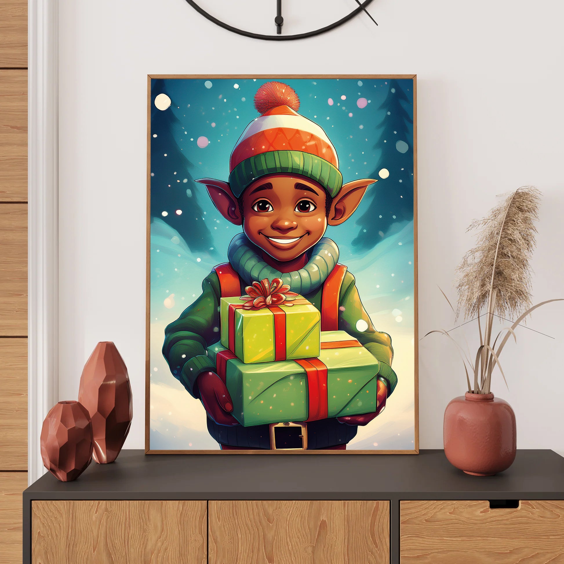 Elf Christmas Card – cheerful elf holding colorful presents in snowy holiday setting