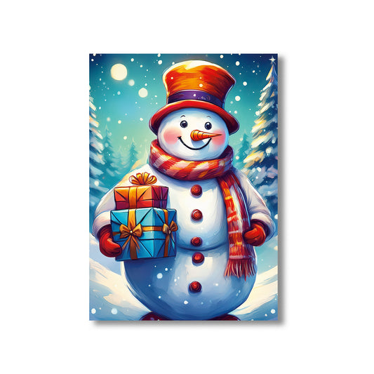 Snowman Christmas Card – jolly snowman surrounded by Christmas presents in snowy winter scene