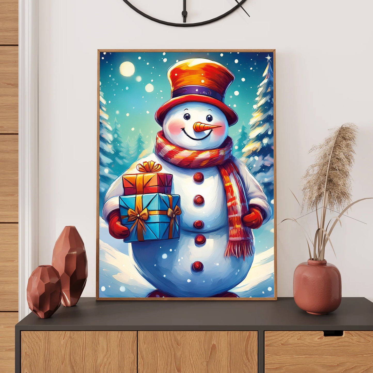 Snowman Christmas Card – jolly snowman surrounded by Christmas presents in snowy winter scene