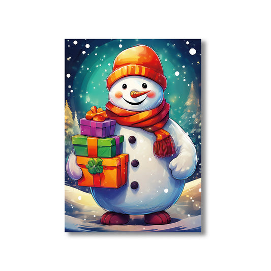 Snowman Christmas Card – jolly snowman surrounded by Christmas presents in snowy winter scene